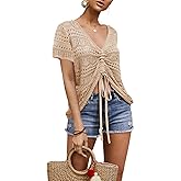 Saodimallsu Womens Crochet Cover Up Oversized V Neck Flowy Boho Crop Tops Summer Beach Coverup Vacation Outfits