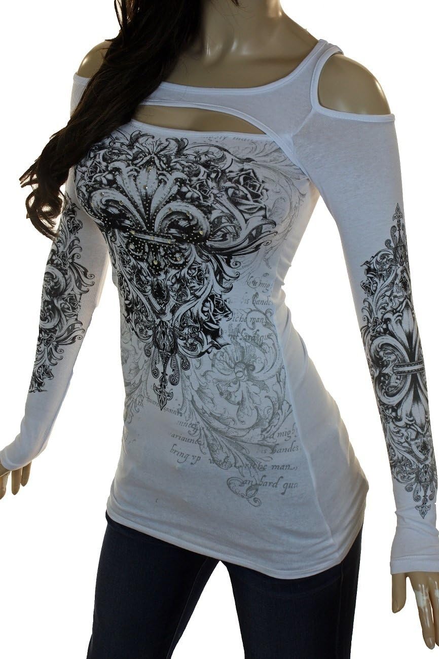 Bling Womens Plus Size Rhinestone Cross or Fleur De Lis Wings Cold Shoulder New Top