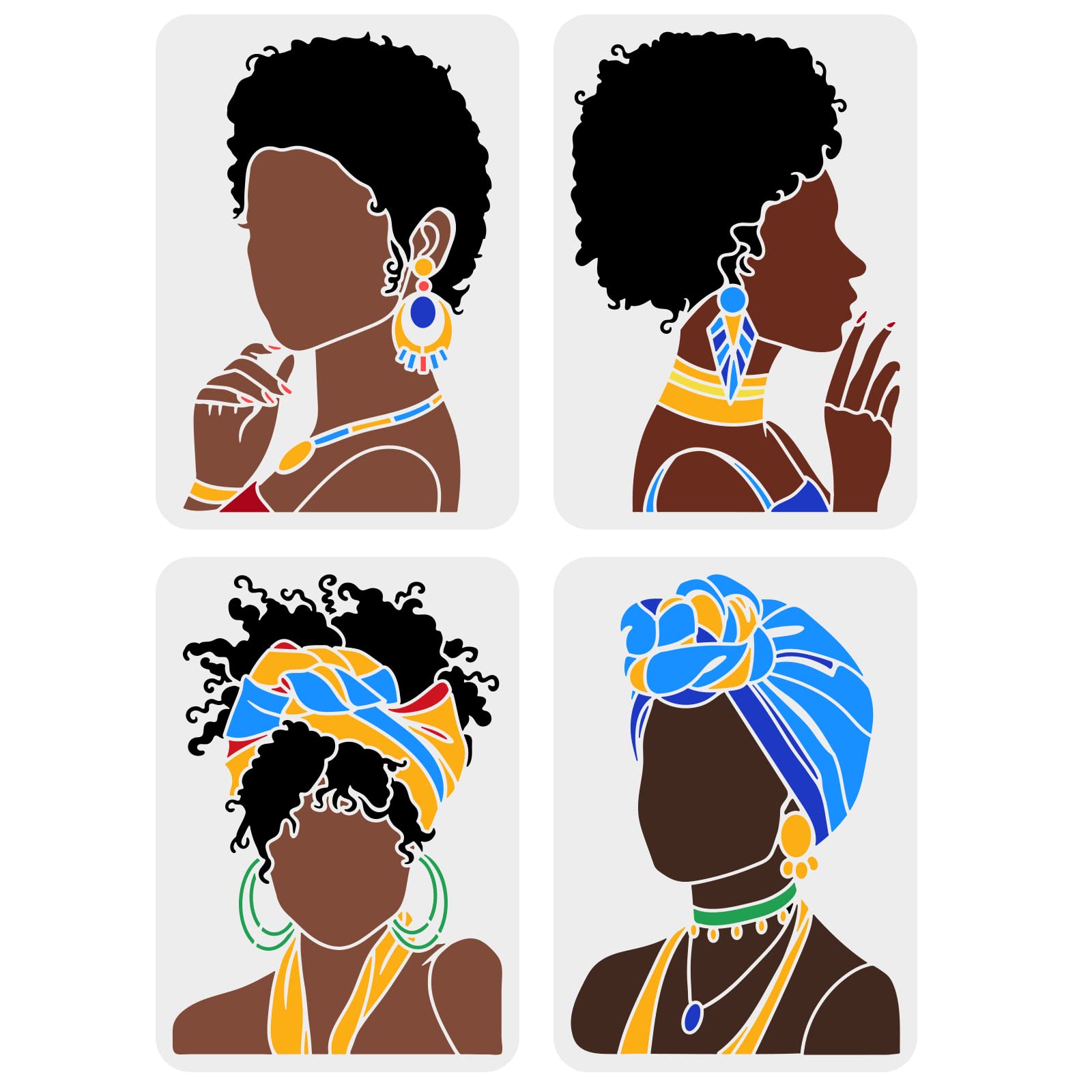 FINGERINSPIRE 4 pcs Beauty African Tribal Girl Painting Stencils 29.7x21cm Young Girl Face Silhouette Stencil Reusable PET Hollow Out Craft Template for Painting on Wall Wood Furniture
