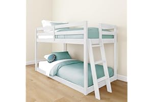 Grain & Grove Bear Twin Over Twin Bunk Bed, Low Bunk Bed Frame for Kids, Bunk with Ladder, Guardrail, and Slats, No Box Spring Required, Brushed White