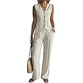 heipeiwa Women's Linen 2 Piece Sets Summer Outfits Vest Waistcoat Casual Dressy Work Vacation Travel Pants Sets