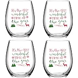 It's the Wonderful Time of the Year Christmas Reindeer Wine Glass, Stemless Wine Glasses for Women Friends Men, Wine Glass fo