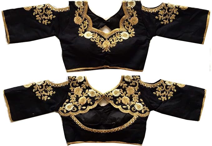 Women's Black Colour Flower Pattern Sleeves Designs Readymade Blouse For Saree And Lehenga (Black Color,Size 38 + margin)