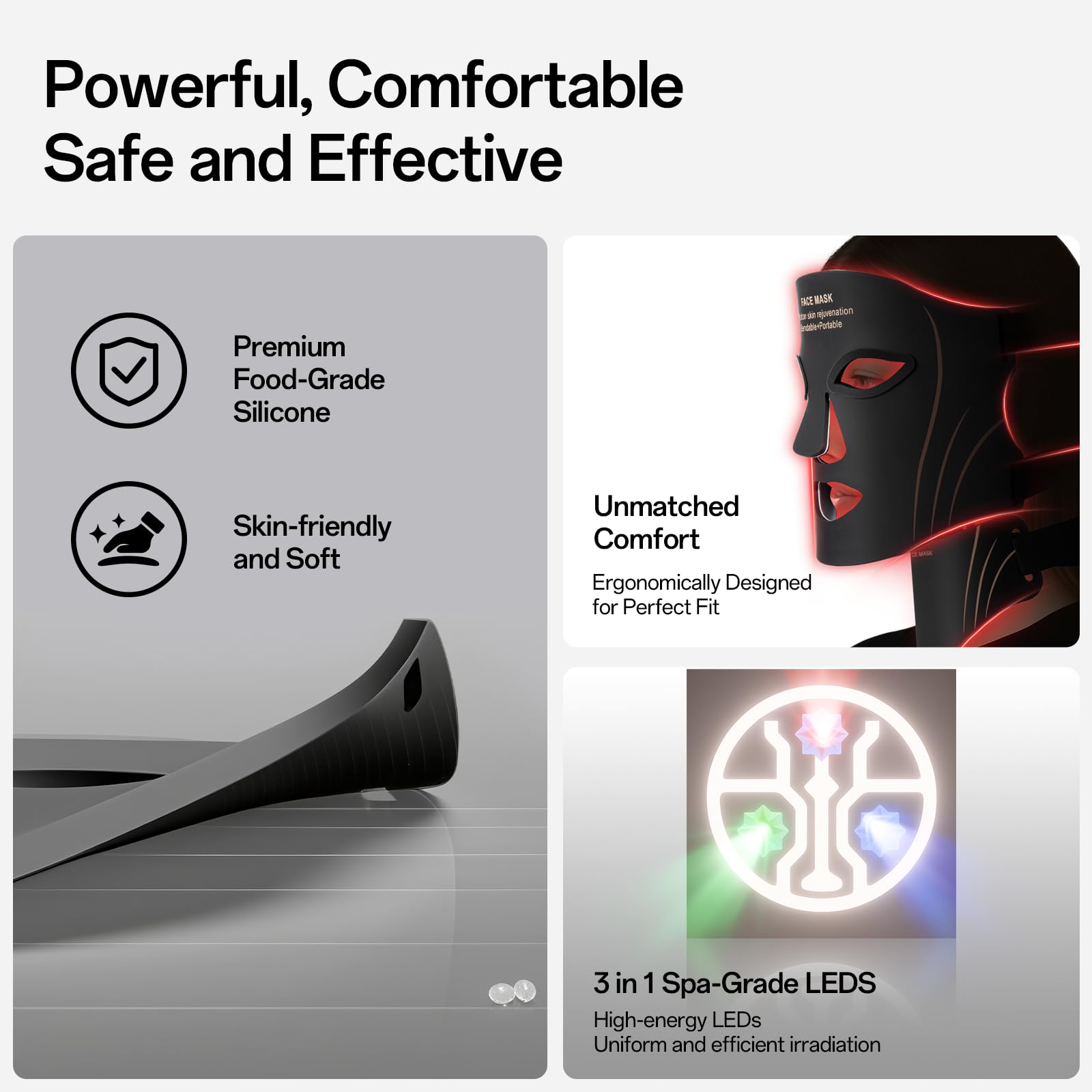 Facego Red Light Mask for Face and Neck - Facial Skin Care Device, Portable, Lightweight, Rechargeable and Ergonomic Design for Home (Black)