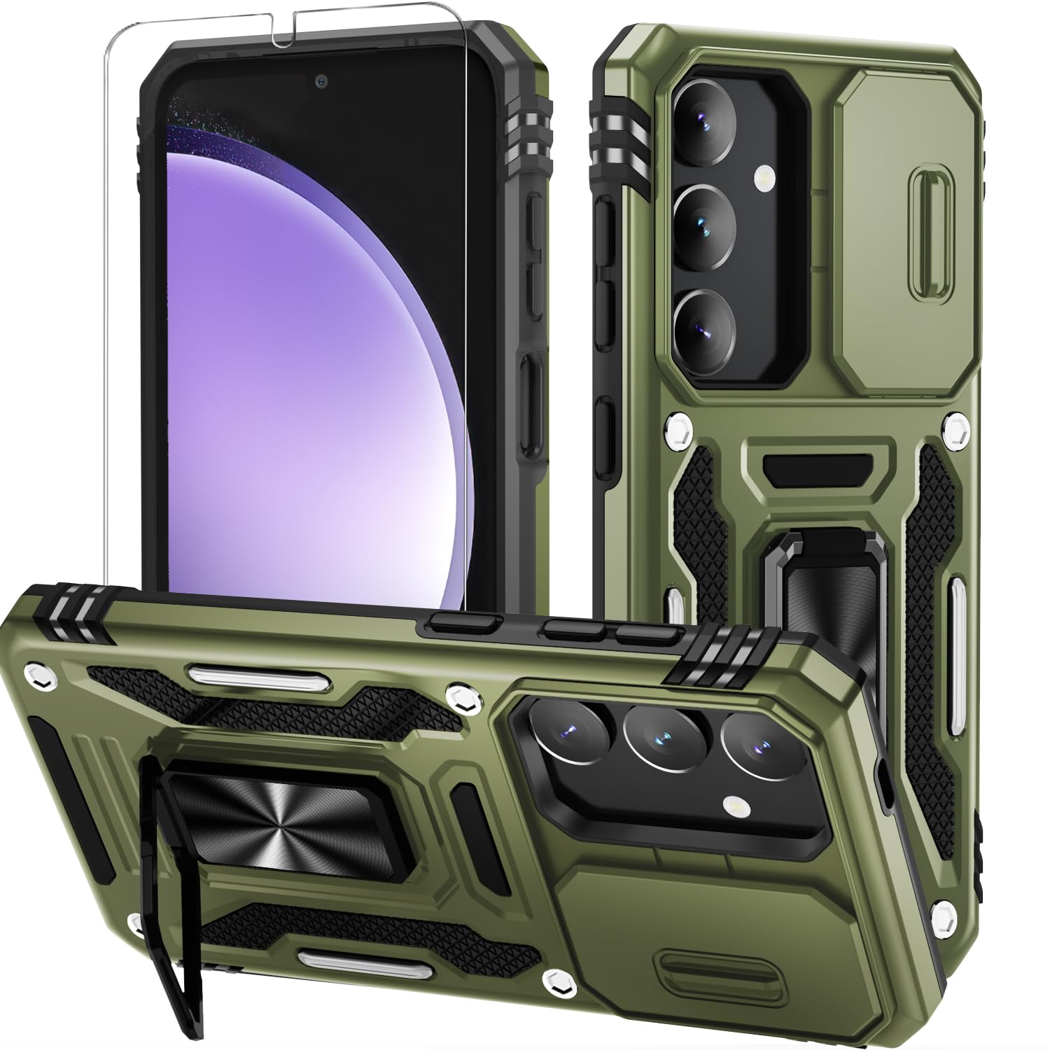 Photo 1 of WRJ for Samsung Galaxy S25 Plus/S24 Plus Case with Slide Camera Cover and Screen Protector, Military Grade Protection [Rotated Kickstand] Heavy Duty Shockproof Protective Cover-Olive Green