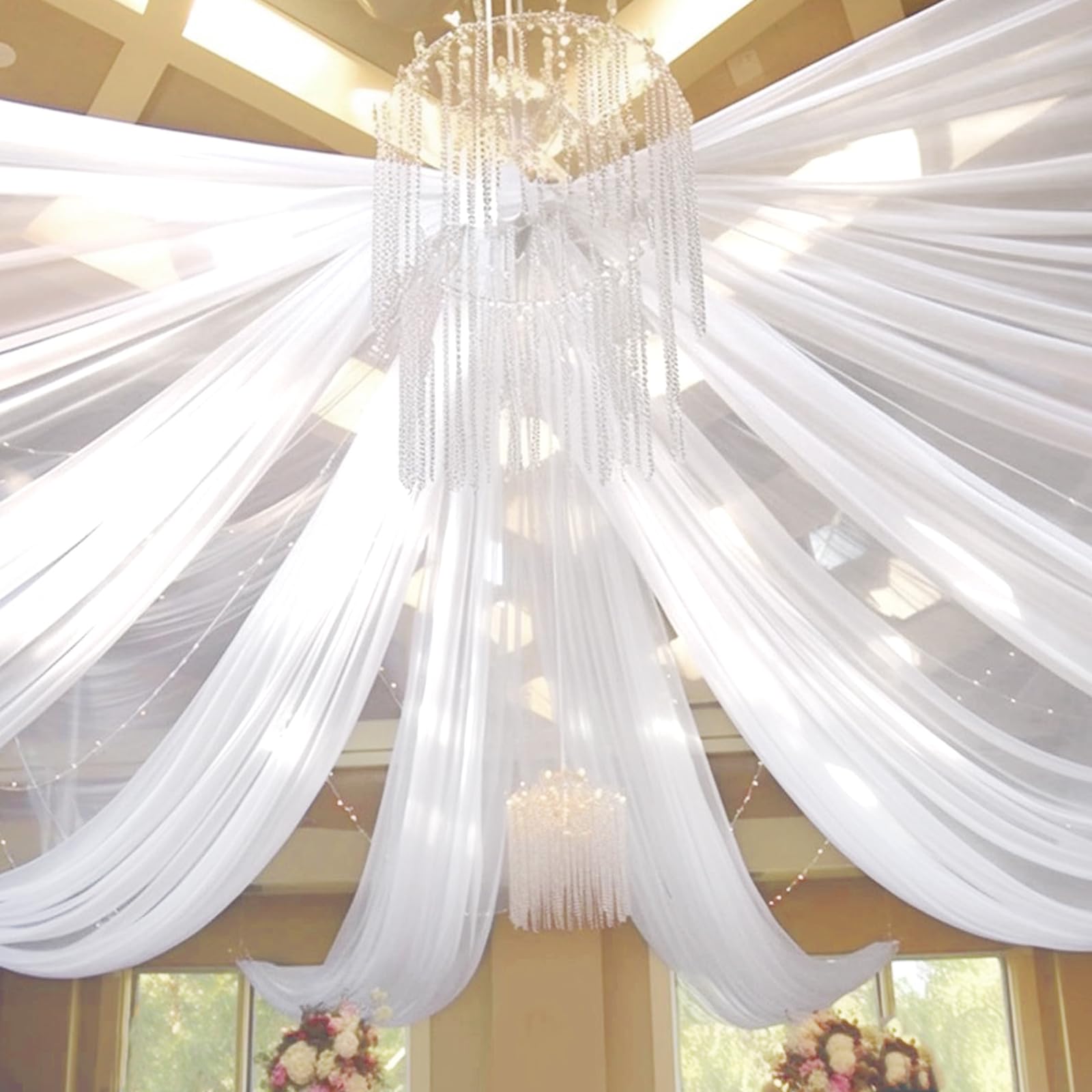 Photo 1 of 6 Panels White Ceiling Drapes 5ftx30ft Sheer Drapery Ceiling Curtains Chiffon Fabric Arch Draping for Wedding Party Ceremony Birthday Baby Shower Reception Stage Ceiling Decorations