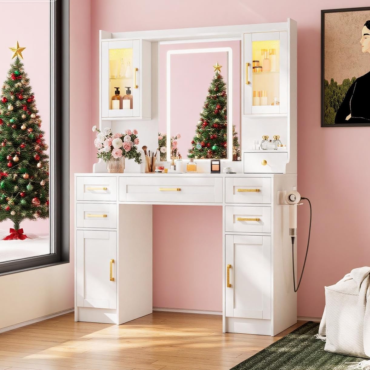 Photo 1 of NUNU LAB Makeup Vanity Desk with Mirror and Lights, White Dressing Table with Charging Station, Makeup Vanity with RGB Cabinets and 7 Drawers RGB Cabinets, 3 LED Light Modes (043 White)