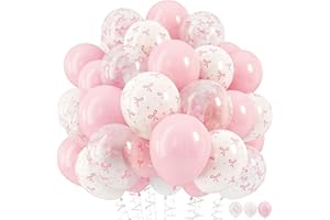 HILAVO Pink Bow Balloons, 12 Inch Pastel Light Pink Transparent White Bow Print Coquette Balloon for Girls Women Birthday Bac