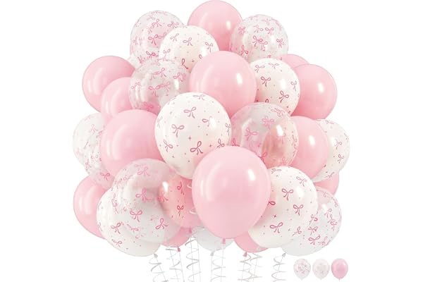 HILAVO Pink Bow Balloons, 12 Inch Pastel Light Pink Transparent White Bow Print Coquette Balloon for Girls Women Birthday Bac
