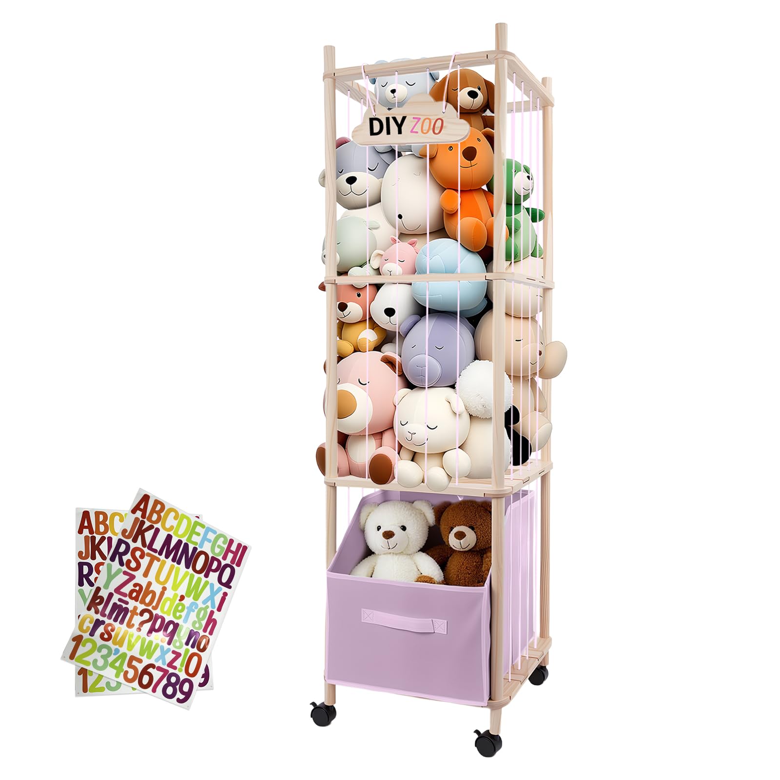 Photo 1 of ***MISSING HARDWARE*** HMAZAE Stuffed Animal Storage, 56" Extra Large Plush Toy Organizer with Wheels, Wooden Stuffed Animal Holder with Removable Bin, Zoo Plushies Storage for Bedroom/Playroom/Living Room