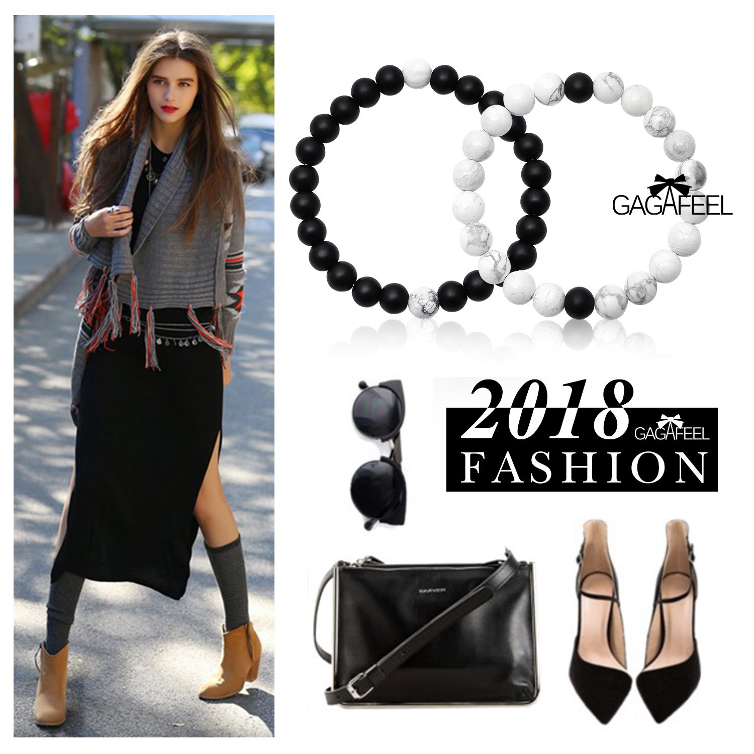 Gagafeel His Hers Black Matte Agate & White Howlite 8mm Beads Long Distance Relationship Couple Bracelet (2# 8mm)