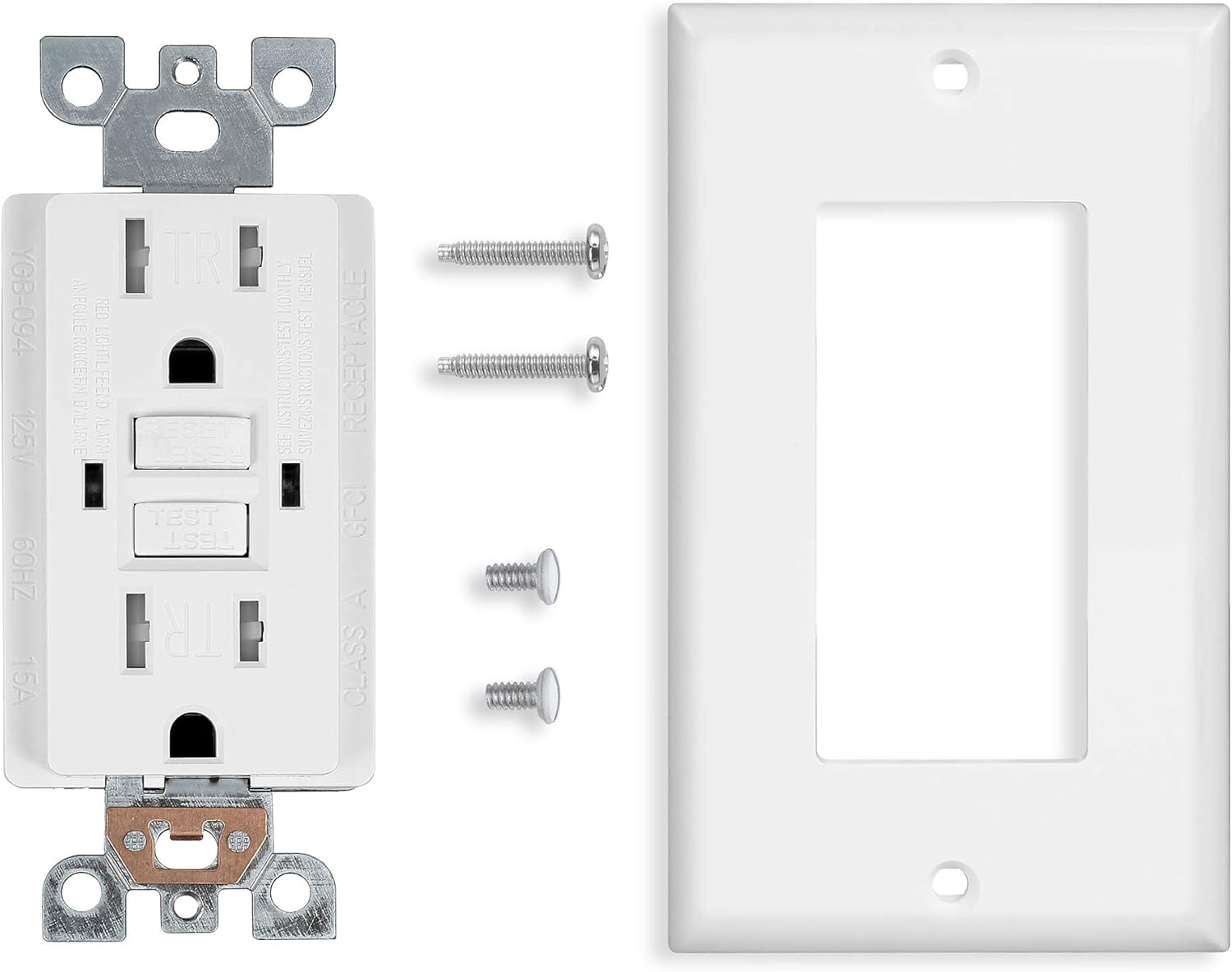1 Pack - GFCI Duplex Outlet Receptacle - Tamper Resistant 15-Amp/125-Volt, Self-Test Function with LED Indicator - UL Listed, cUL Listed - Wall Plate and Screws Included, White - - 