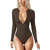 OQQ Women's Bodysuit Tops Invisible Zip Long Sleeve Crew Neck Bodysuits