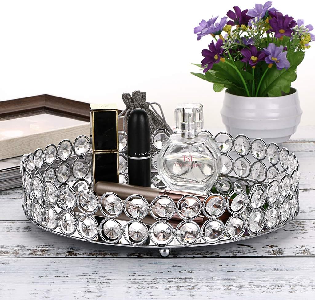 Hipiwe Crystal Cosmetic Vanity Tray - Mirrored Decorative Jewelry Tray Make up Organizer for Perfume, Trinket, Makeup Display Dresser Home Decor: Home & Kitchen