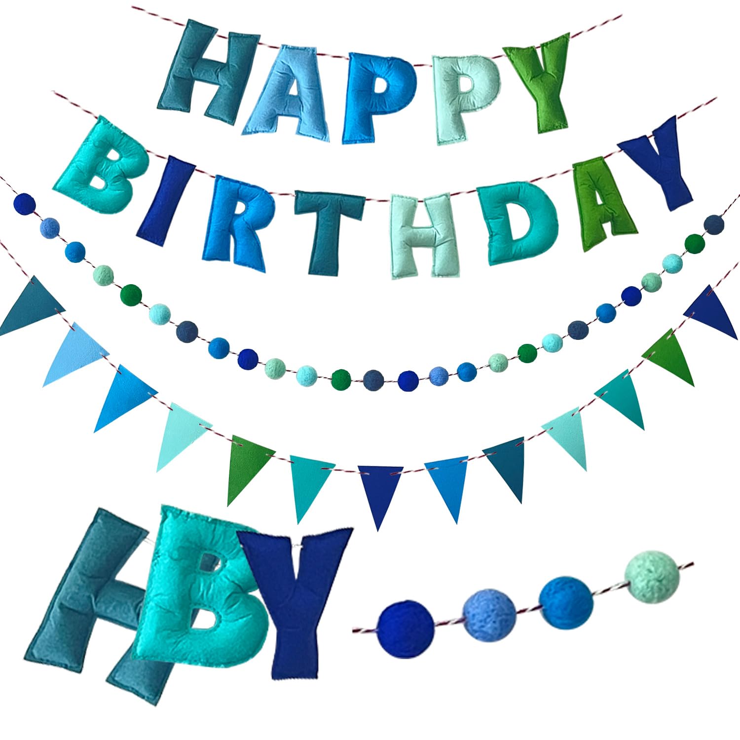 Danduolai Pre-Strung Happy Birthday Banner - Felt Ball Garland, Rainbow Birthday Decorations, Personalized Sign for Party Decor, Photo Prop (Blue with Ball Flags)