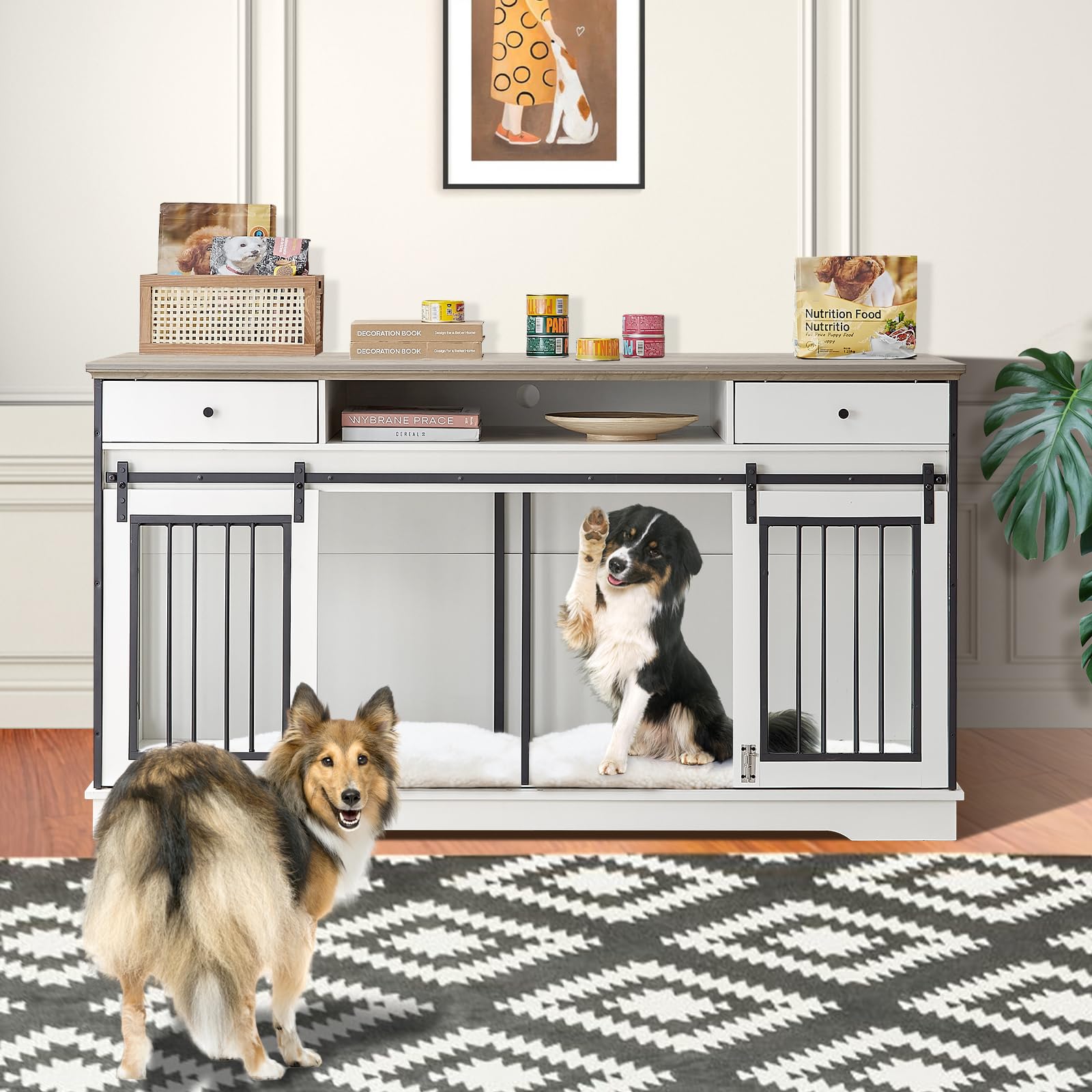 Image showcasing Yafylly 3-in-1 66 Inch Double Dog Crate Furniture with Storage, White ...