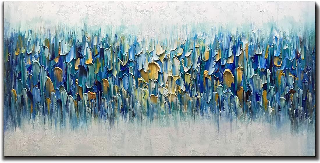 Paintings - AMEI Art Paintings,24x48Inch 3D Hand Painted on Canvas Teal Blue Rhapsody Abstract Paintings Seascape Artwork Simple Modern Home Decor Textured Oil Painting Stretched and Framed Ready to Hang