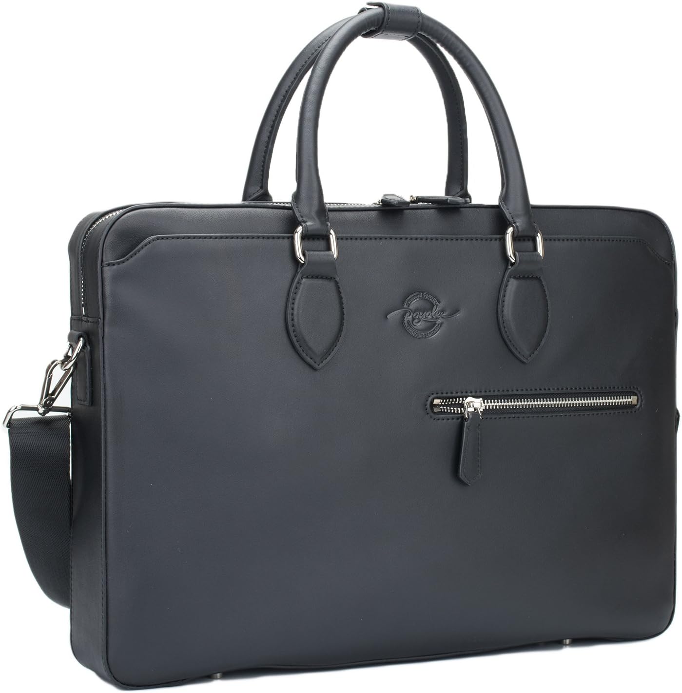 POYOLEE Men's Leather Portfolio Briefcase with Shoulder Starp Luggage Detachable Black