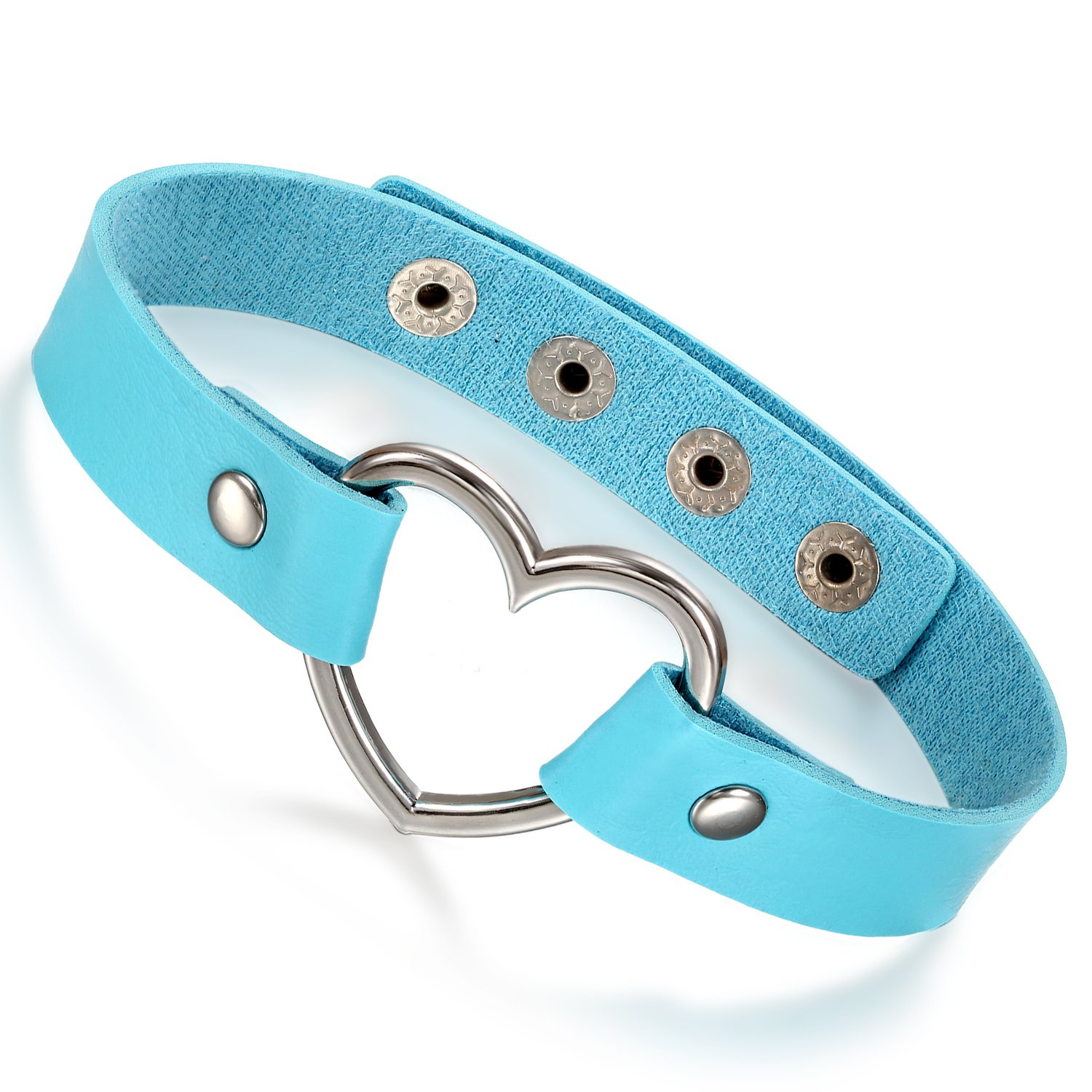 Flongo Women’s Genuine Leather Choker Necklace with Heart-Shaped Pendant, Adjustable, Gothic Punk Rock Style,Stainless Steel,