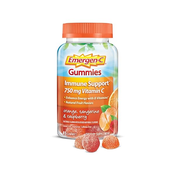 EMERGEN-C 750MG VITAMIN C GUMMIES FOR ADULTS, IMMUNITY GUMMIES WITH B VITAMINS, GLUTEN FREE, ORANGE, TANGERINE AND RASPBERRY FLAVORS, 45 COUNT (PACK OF 1)