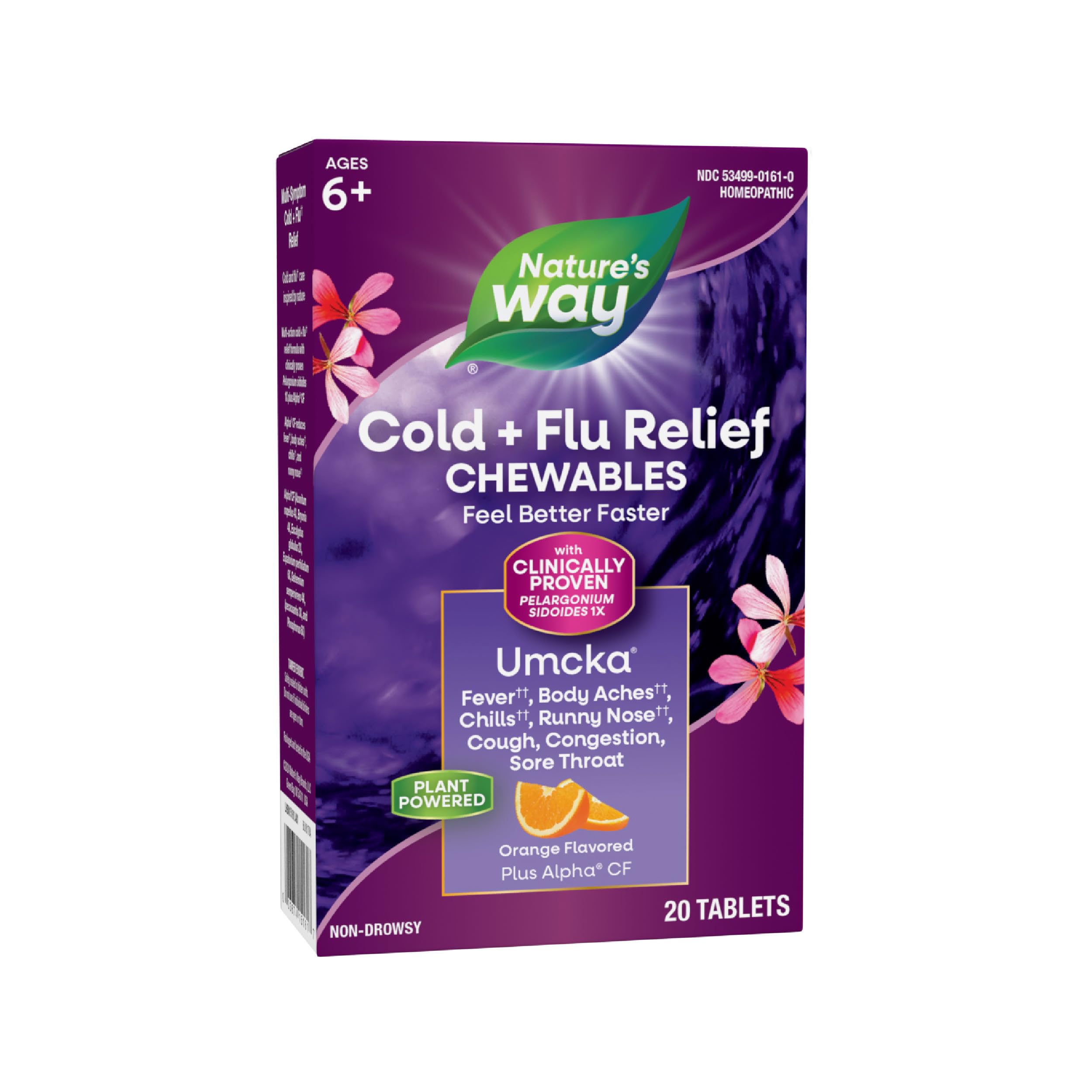 Photo 1 of  9/25 Nature's Way Cold+Flu Relief Chewables, Umcka, Shortens Duration & Reduces Severity, Multi-Symptom Relief, Homeopathic, Non-Drowsy, Orange Flavored, 20 Chewable Tablets (Packaging May Vary)