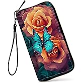 GFRGTFHYT Womens Wallet, Large Capacity RFID Blocking PU Leather Wristlet Wallets for Women Ladies Men Credit Card Holder Zipper Wallet Phone Holder Clutch Travel Purse, Butterfly Flower