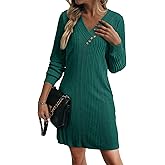 BLENCOT Womens Casual Knit Sweater Dress Long Sleeve V Neck Button Stretch Tunic Fall Knee Length Dresses Pockets