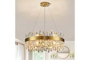Siljoy Modern Crystal Chandelier 12-Light Brushed Gold 2-Tiers Crystal Raindrop Chandelier Adjustable Flush Mount Pendant Ceiling Light Fixture for Dining Living Room Foyer Entryway D23.6''
