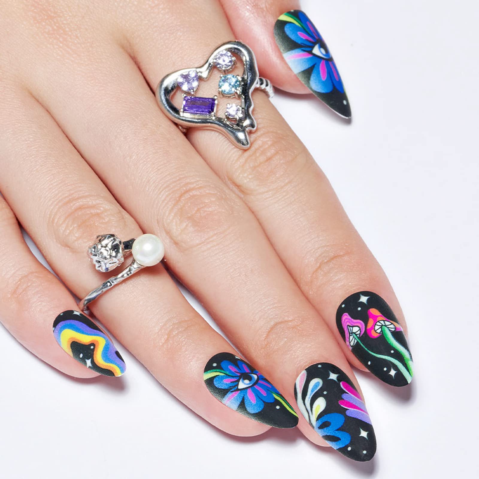 GLAMERMAID Press on Nails Medium Almond, Spring Summer Gothic Cute Cartoon Gel Glue on Nail, 24Pcs Matte Short Stiletto Reusable UV Finish Fake Nails Acrylic False Nails Manicure Kits for Women - Image 4