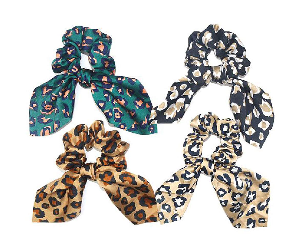 Fodattm Set of 4 Leopard Elastic Rabbit Ear Hair Scrunchies Hair Band Bowknot Hair Rope Ponytail Holder Hair Ties