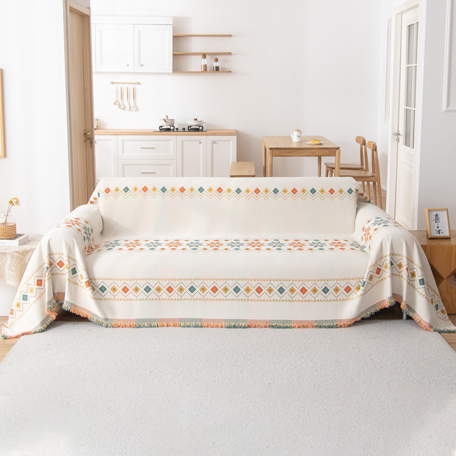 VanderHOME Boho Throw Chenille Blanket Soft Throws for Sofas Washable Blanket for Bed Settees Armchairs, Livingroom 180 * 180cm-Beige