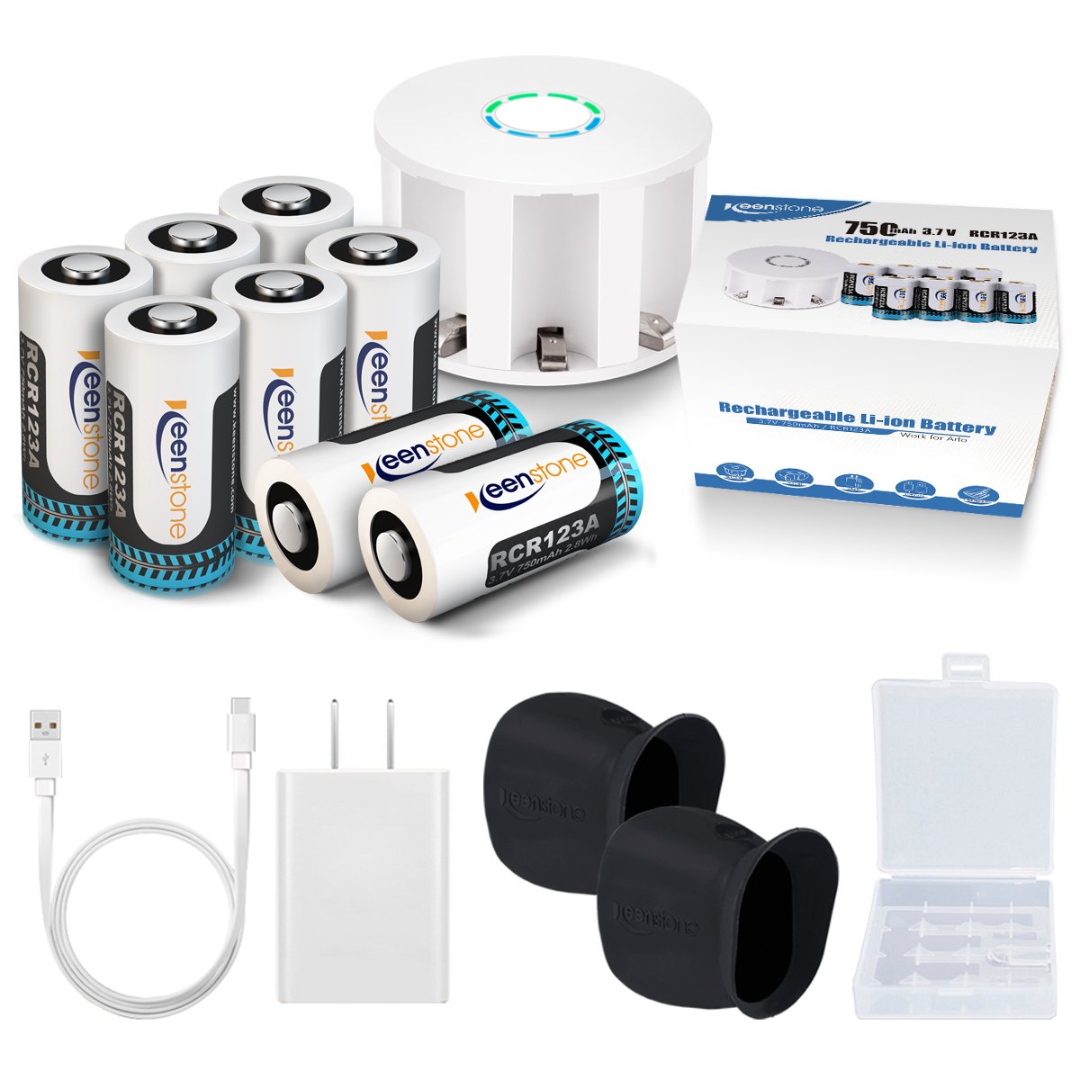 Keenstone 8Pcs RCR123A Rechargeable Camera Batteries 750mAh Li-ion Rechargeable Battery 8-Slot Charger Arlo VMS3030/3230/3330/3430 Cameras