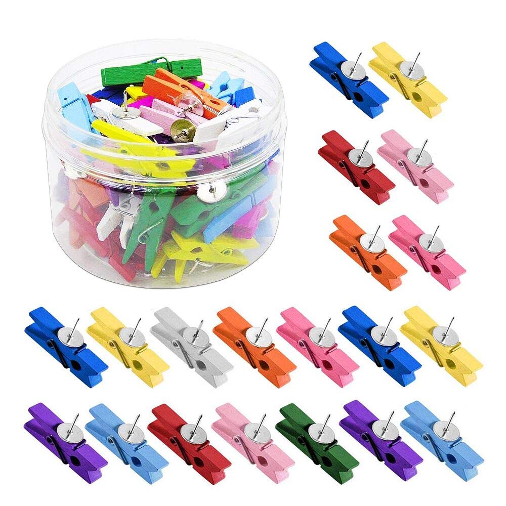 Push Pins with Wooden Clips 50Pcs Thumbtacks Pushpins Creative Paper Clips Clothespins Multicolor for Cork Board and Photo Wall Offices Home Schools Use — image 1
