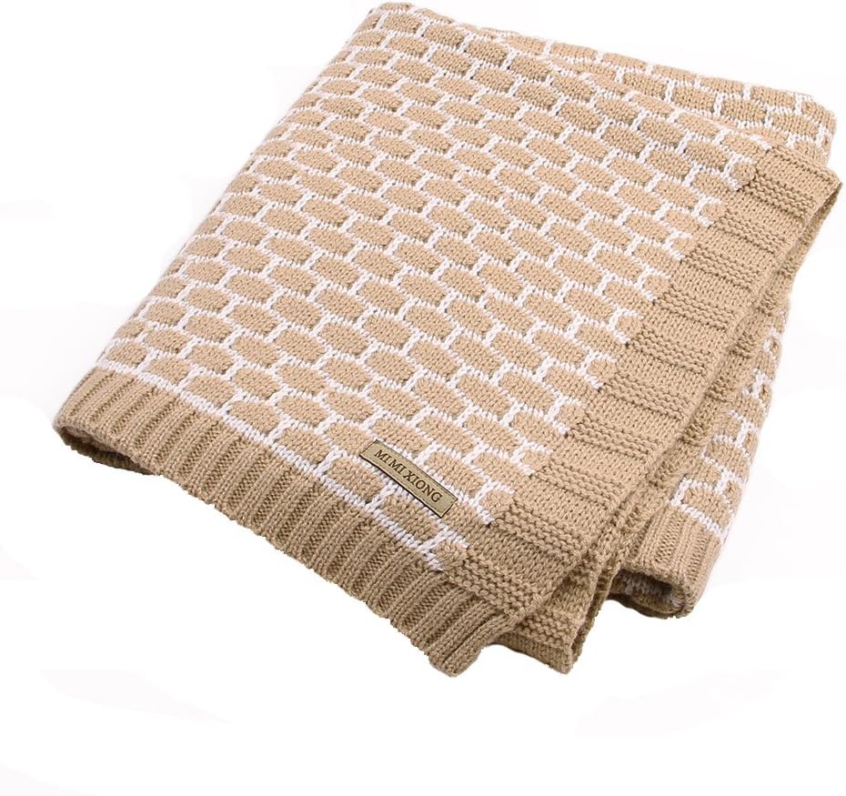 MiMiXiong Baby Blankets Knitted Toddler Boys Girls White Plaid Crochet Swaddle Wrap Newborn Quilt(Brown)