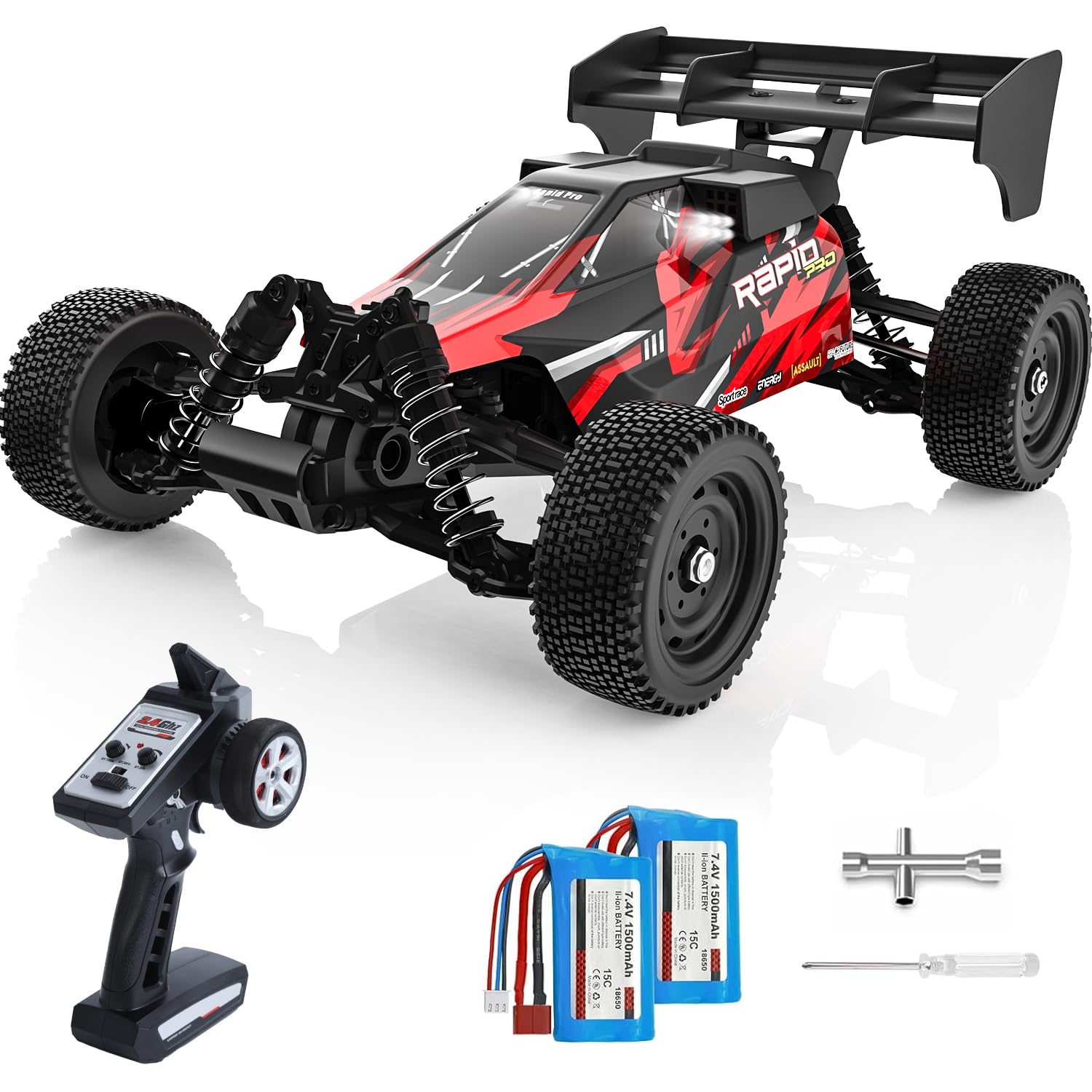 DEERC Remote Control Car 1:16, Brushless Motor 50 km/h High-Speed 2WD Off-Road RC Car with 2 Batteries & LED Lights, Fast RC Truck for Adults and Kids, for Christmas and Birthday