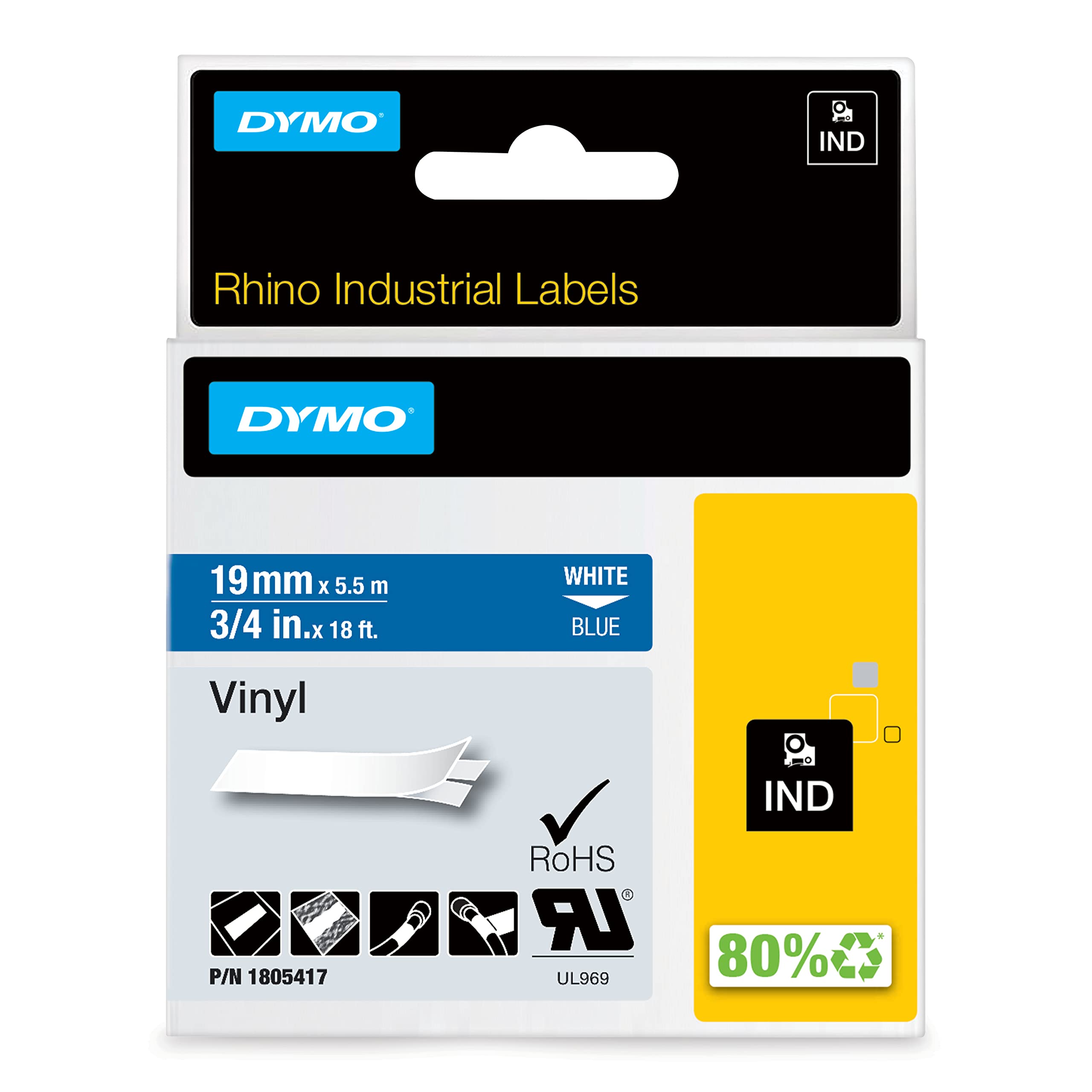 DYMO Rhino Industrial Vinyl Labels | 19 mm x 5.5 m | White Print on Blue | Self-Adhesive | for LabelManager & Rhino Label Makers