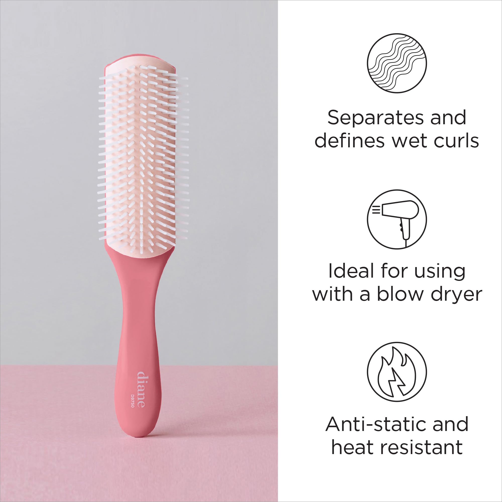 Diane Pro Nylon Pin 9 Row Styling Brush for Detangling, Separating, Shaping, and Defining Wet or Curly Hair, Heat-Resistant, Anti-Static, Pink