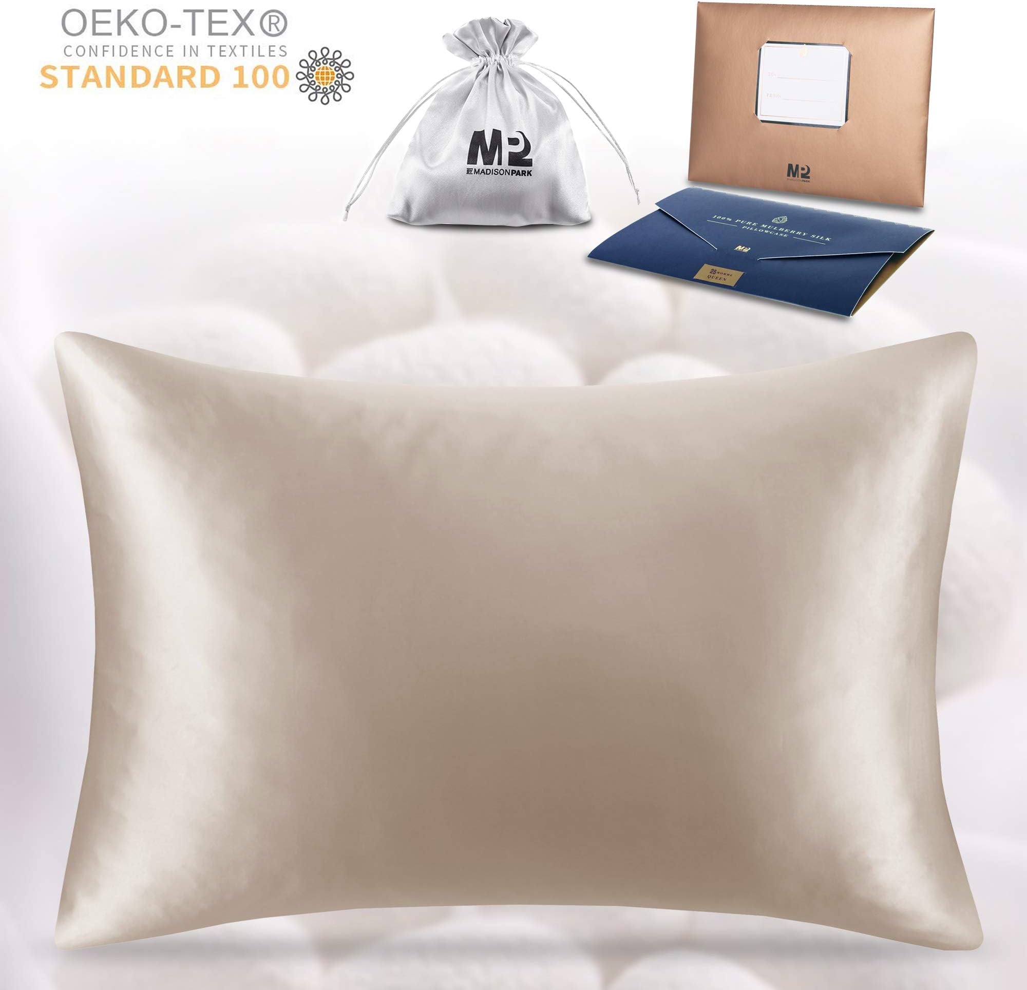 MP2 Silk Pillowcase 100% Mulberry Worm Silk Pillow Cover for Hair and Skin Standard Size Both Side 25 Momme 600 Thread Count 1 Pack with Hidden Zipper and Satin Pouch Envelope Gift Package Taupe