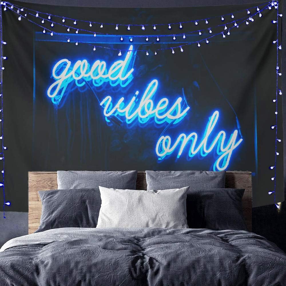 GALMAXS7 Neon Tapestry Wall Hanging Gaming Decorative Wall Tapestry Good Vibes Only Words in Neon Boys Tapestry for Bedroom Living Teen Boys Room Decor 60X50 Inch Black Blue