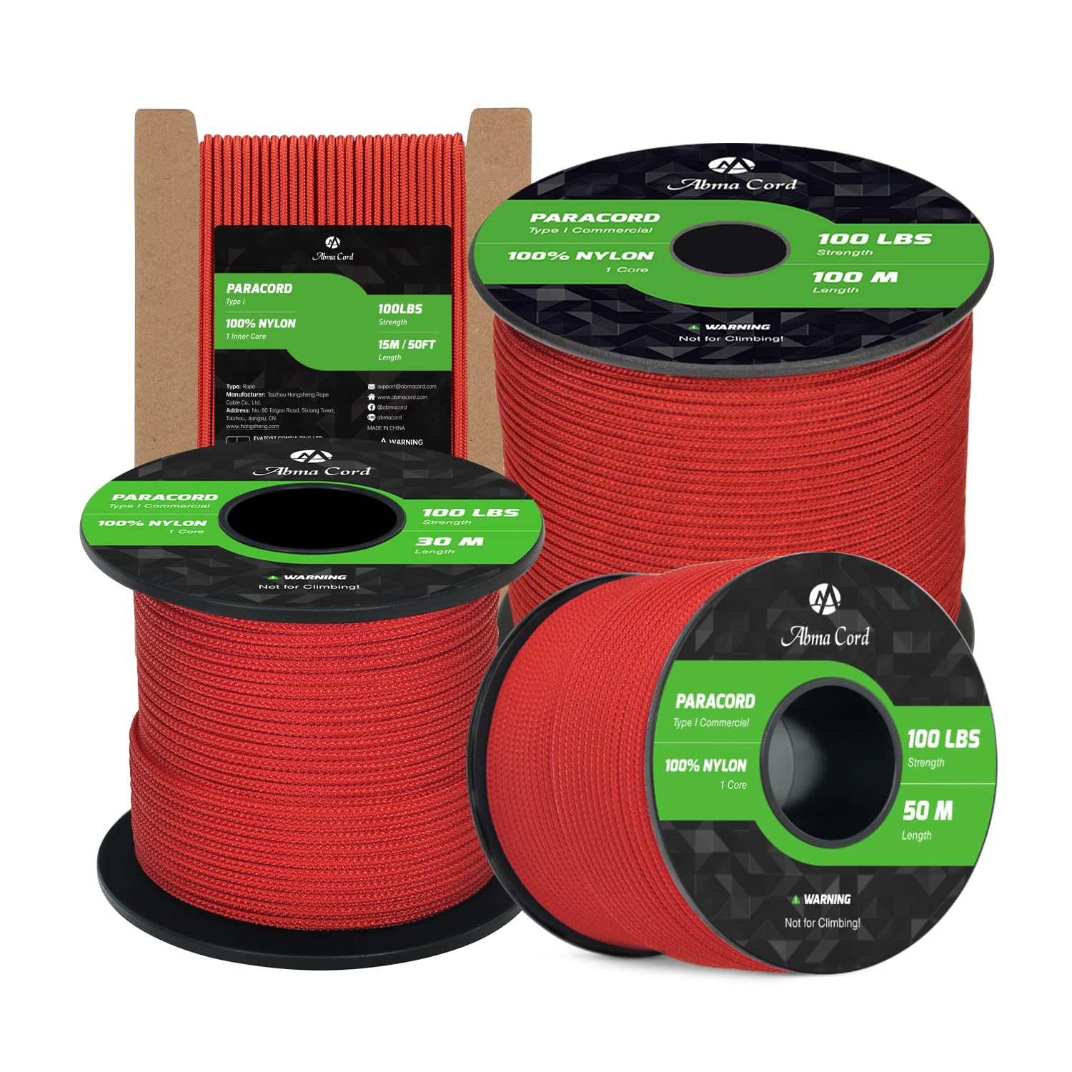 Abma Cord Paracord 2mm 100m 100% Nylon Rope 1 Strand Type I Parachute Cord - Max. 45kg (100lbs) - Red