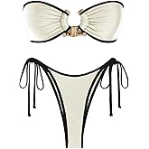 ZAFUL Metal Ring Bandeau Bikini Set Tie Side Bathing Suit High Cut 2 Piece Swimsuit Cutout Swimwear