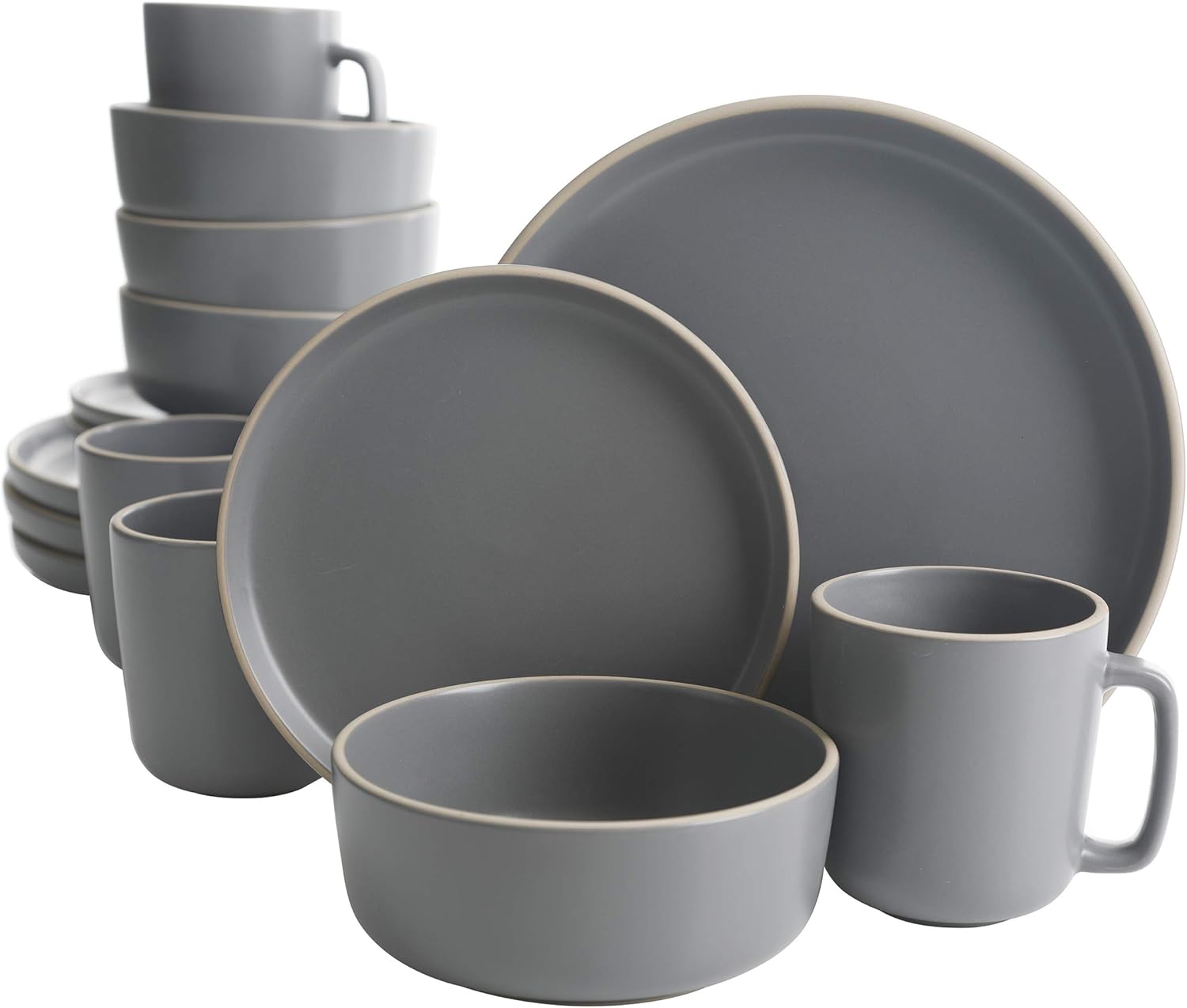 Gibson Home Zuma 16 Piece Round Kitchen Dishes, Plates, Bowls, Mugs Dinnerware Sets, Service for Four (16pcs), Grey