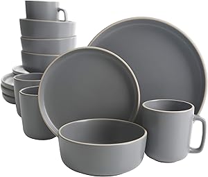 Gibson Home Zuma 16 Piece Round Kitchen Dishes, Plates, Bowls, Mugs Dinnerware Sets, Service for Four (16pcs), Grey