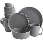 Gibson Home Zuma 16 Piece Round Kitchen Dinnerware Set, Dishes, Plates, Bowls, Mugs, Service for 4, Matte Stoneware, Grey, Gray