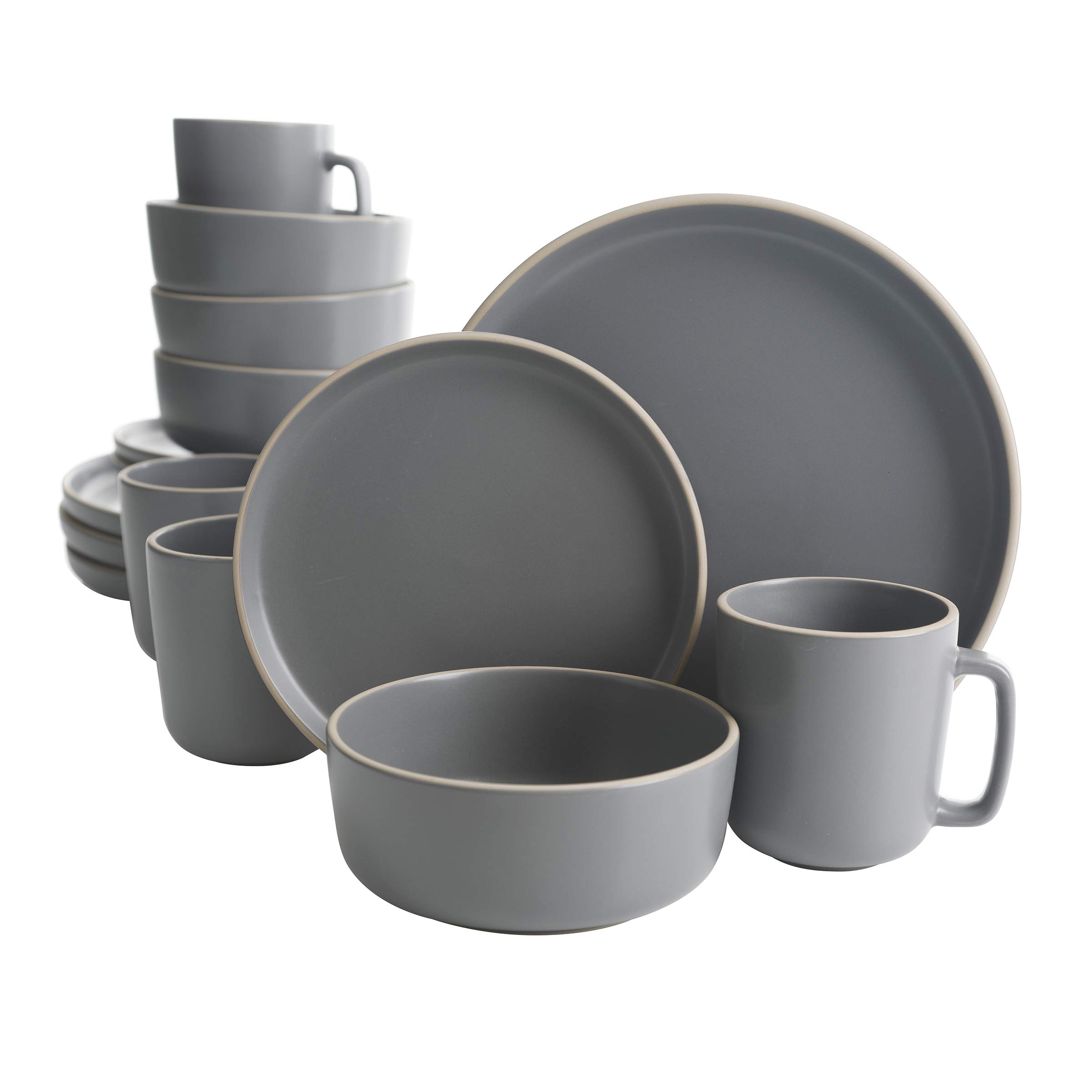 Gibson Home Zuma 16 Piece Round Kitchen Dinnerware Set, Dishes, Plates, Bowls, Mugs, Service for 4, Matte Stoneware, Grey, Gray Image