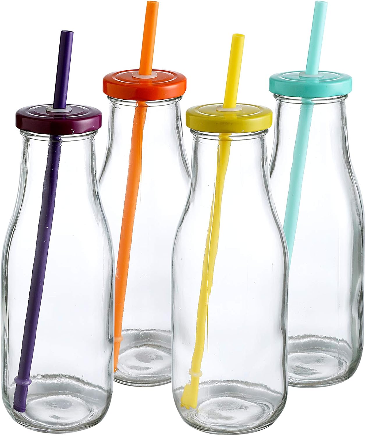 14 Oz Glass Milk Bottles with Colorful Metal Twist Lids and Straws, Reusable for
