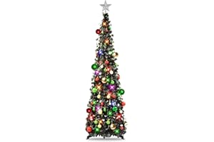 N&T NIETING Pop Up Christmas Tree with Lights & 30 Balls, 5Ft Collapsible Black Tinsel Christmas Tree Decorations, Pencil Christmas Tree Skinny Christmas Tree for Holiday Xmas Home Office Decor