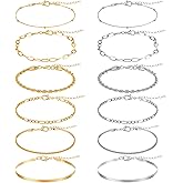 Alrhso Gold Silver Ankle Bracelets for Women 12 Pcs Cuban Anklet Link Chain Set Multi-layered Wear Boho Bracelet Set Summer Beach Jewelry Accessories