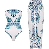FLAXMAKER Strapless Swimsuit Lace Up Adjustable Animal Botanical Print Swimsuit and Skirt/Sarong