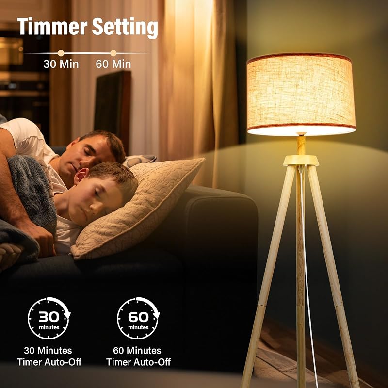 Stehlampe Wohnzimmer, Standleuchte LED Dimmbar, 3 Farbtemperatur Holz Stehleuchte Halbe Stunde und Eine Stunde Timerfunktion mit Lampenschirm Fußschalter für Wohnzimmer Schlafzimmer Büro